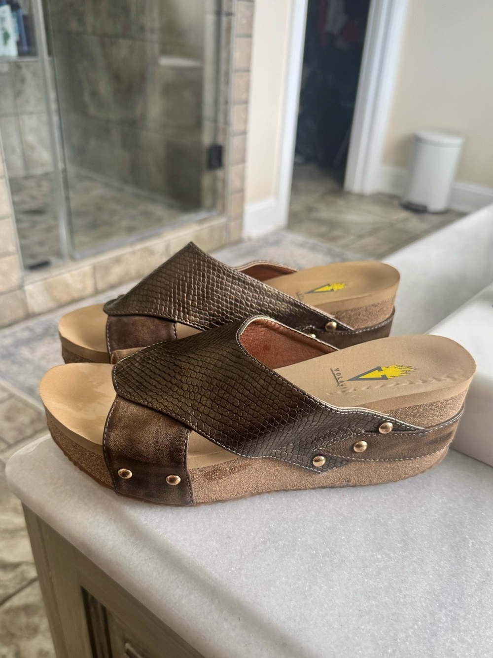 Women's Volatile  Bronze Wedge Slide Sandals - Comfort Platform